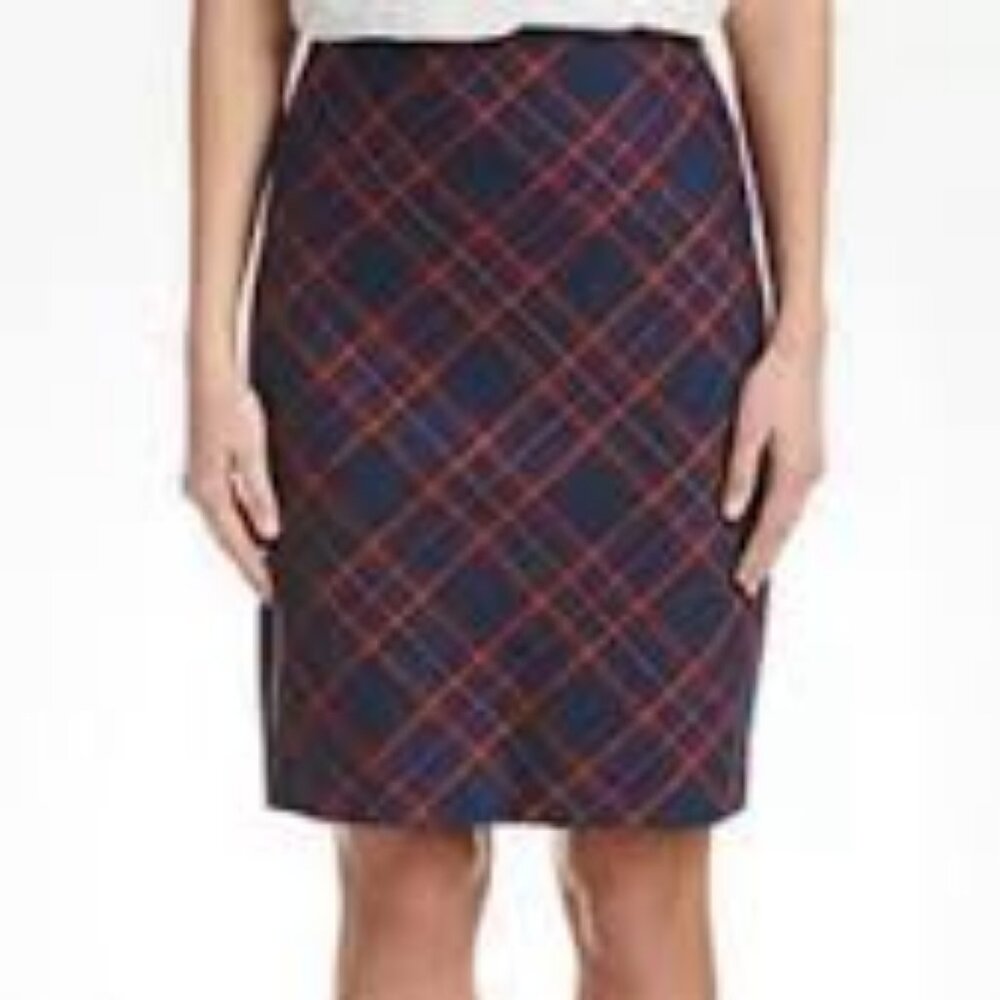 Trina Turk Size 12 Crissy Tartan Plaid Pencil Skirt Navy Blue, Pink & Orange